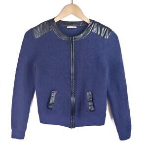 Halogen Zip Front Boucle Knit Jacket Blue Black Size Small